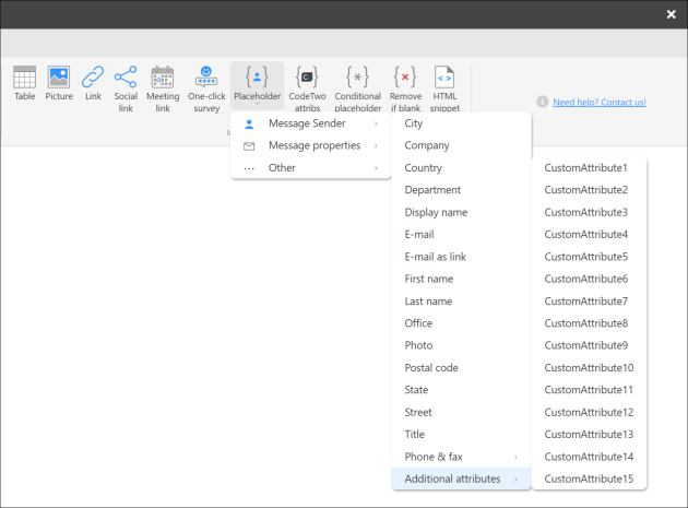 Entra ID (Azure AD) attributes and Exchange Online (Microsoft 365) custom attributes 1-15 available under the Placeholder menu.
