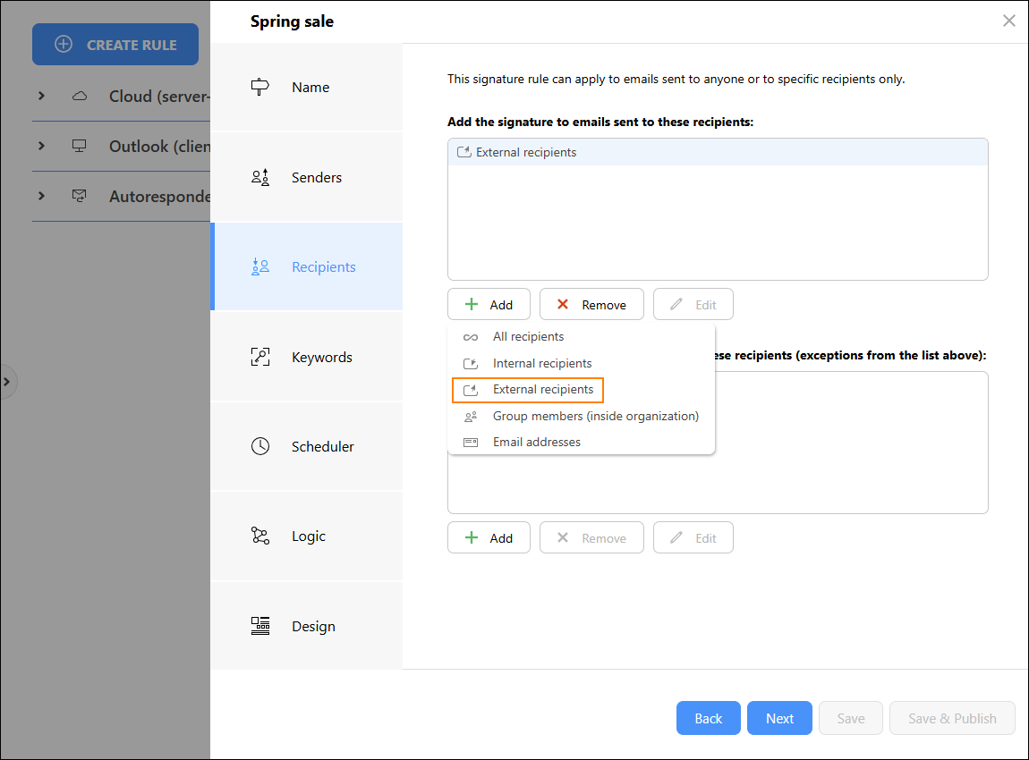 Applying the rule to emails sent outside your organization.