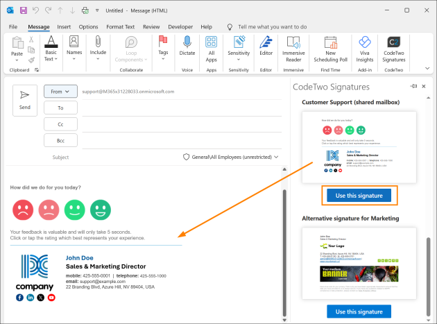 Inserting the signature designed for a shared mailbox.