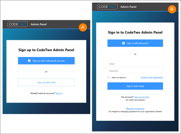 The CodeTwo Admin Panel's sign-up (A) and sign-in (B) page.