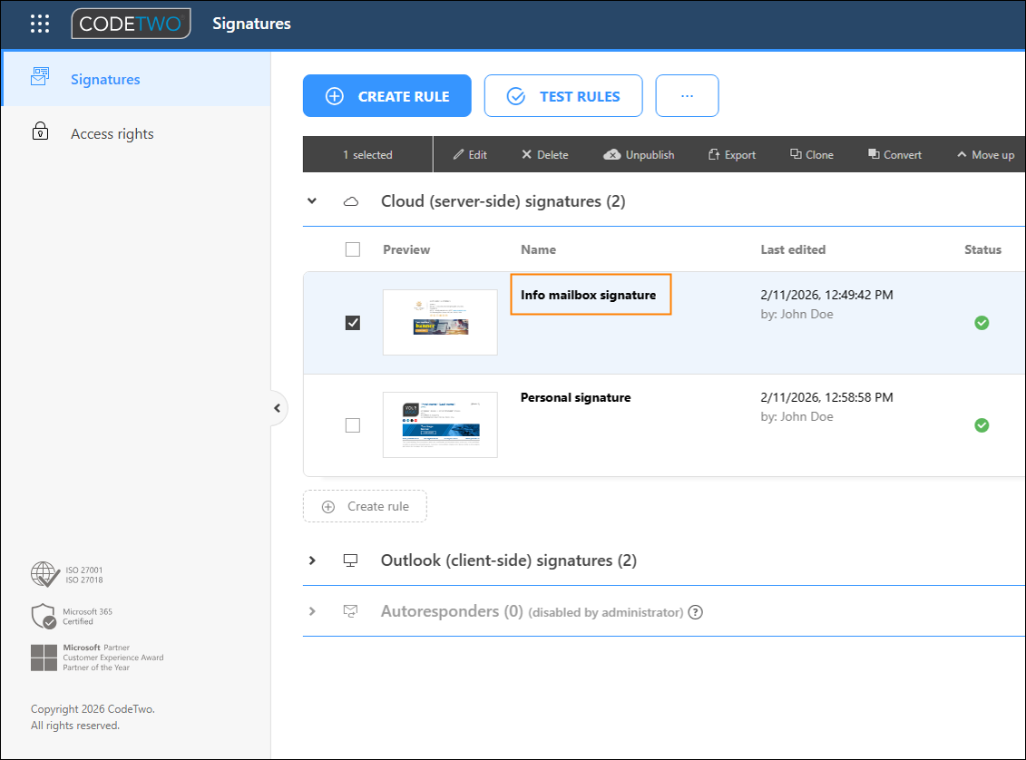 Make sure the rule for your shared mailbox address is placed at the top of the cloud (server-side) signatures list.