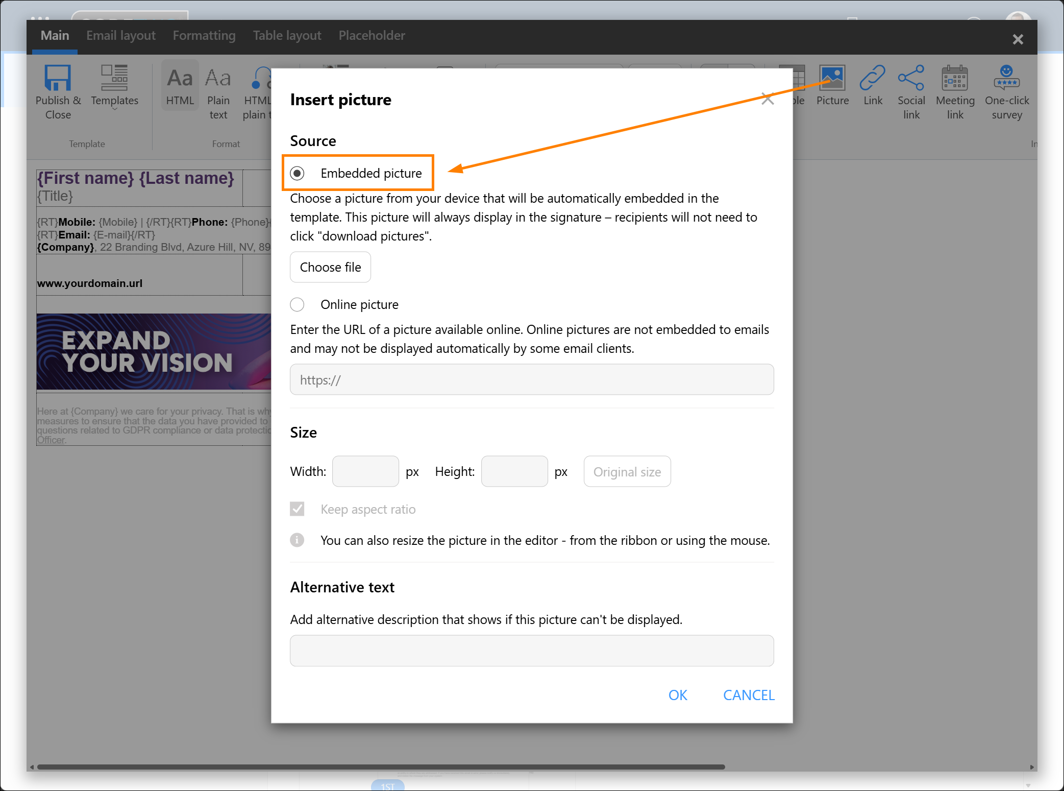 Inserting an inline (embedded) image into a signature.