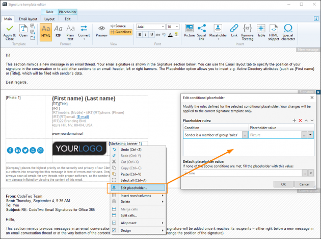 Editing a conditional placeholder by using the Edit placeholder option from the shortcut menu.