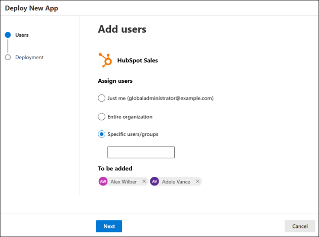 Choosing users to whom the add-in will be deployed.