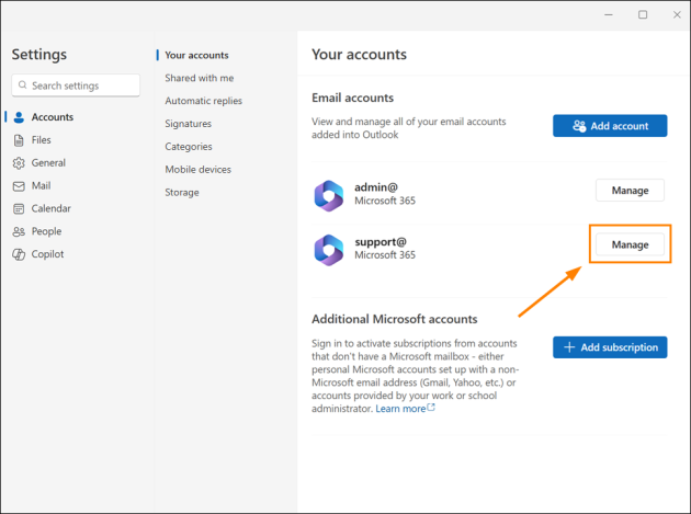 Accessing the email account settings in the new Outlook for Windows.