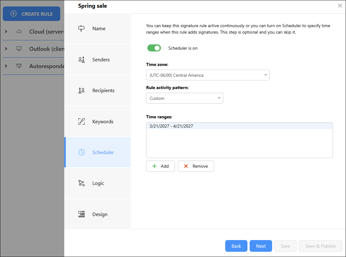 Configuring the time range for the rule to be effective.