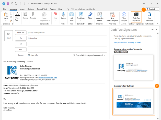 Manually changing between the simplified and full email signature.