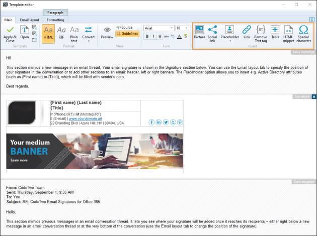 The Insert group on the ribbon allows you to add content to your template.