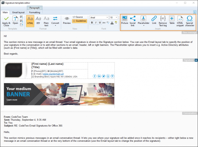 The Insert group on the ribbon allows you to add content to your template.