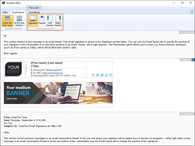 You can insert other email sections on the Email layout tab.