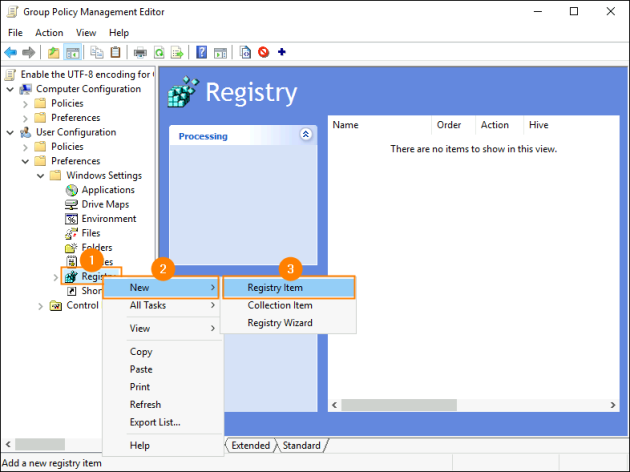 Creating a new registry item in the Group Policy Management Editor.