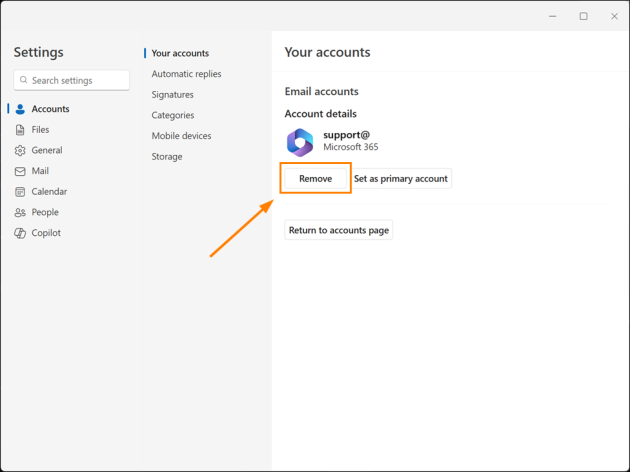 Removing a secondary email account from the new Outlook for Windows.