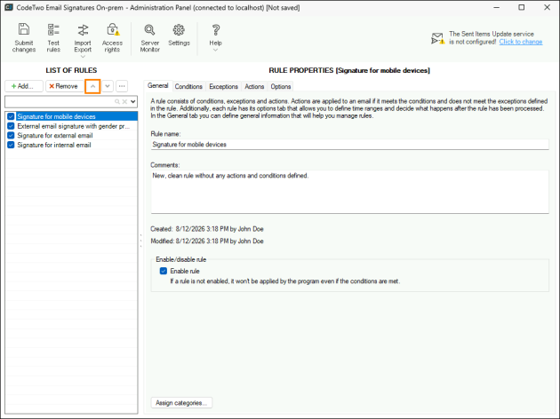 The newly created email rule has to be executed before other rules that add signatures.