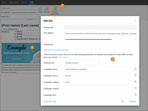 Adding Google Analytics tacking parameters to a link used in the signature template.