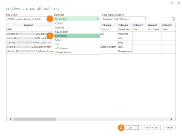 Setting semicolon as the correct delimiter character for the CSV file.