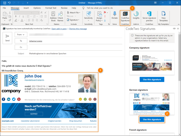 In Outlook (client-side) mode, users can access signatures in different languages directly in the CodeTwo Signatures pane.