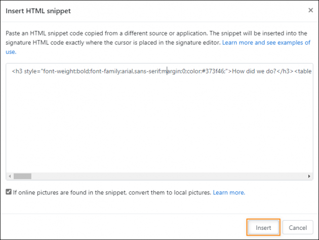 Inserting the CSAT survey into the signature template.