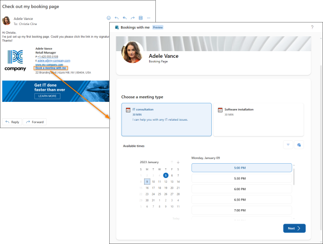 Accessing end user’s booking page from an email signature.