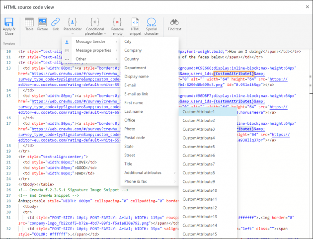 Adding the custom Exchange attribute using the placeholder picker.
