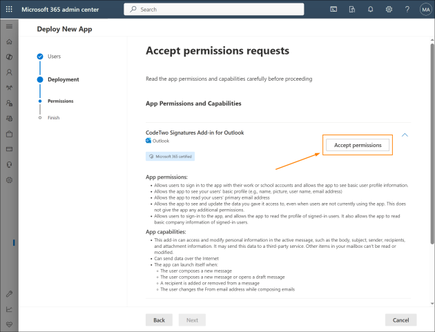 Accepting the permissions required by the CodeTwo Outlook Add-in.