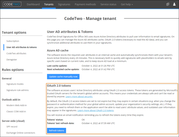The OAuth 2.0 tokens section in CodeTwo Admin Panel.