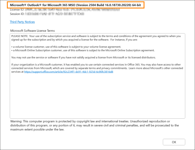 The About Outlook window in classic Outlook for Windows provides more details about your software.