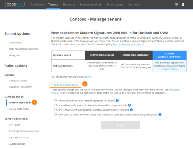 Accessing advanced add-in options in CodeTwo Admin Panel.