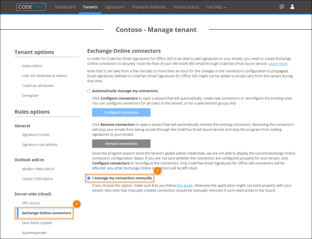 Choosing to configure connectors manually.