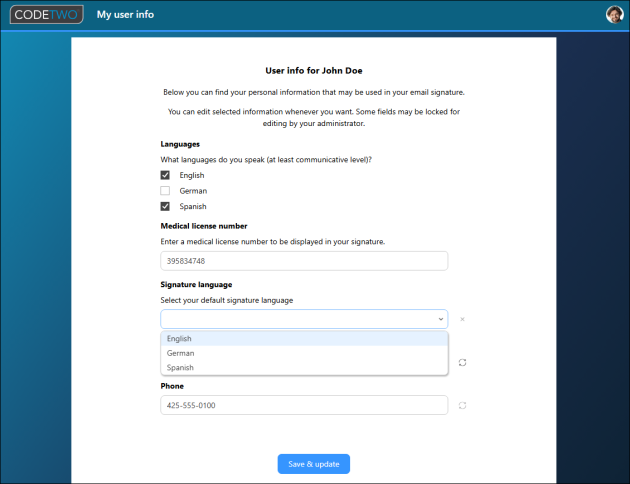 Sample attributes in the My user info app.