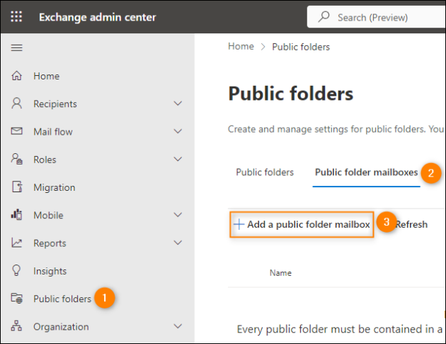 Accessing the Public folders mailboxes page in the Exchange admin center.