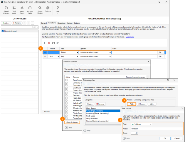 Defining wildcards for phrases in the Subject and Body conditions.