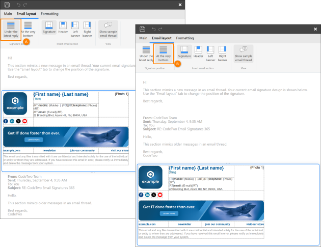 With the sample email thread sections turned on, you know exactly where your email signature will be added.