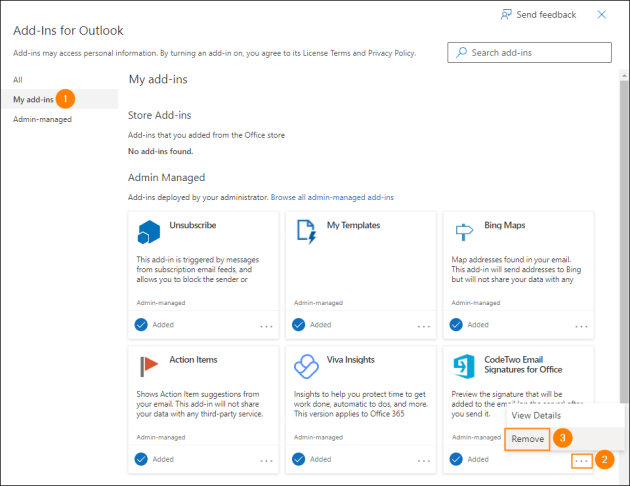 Removing the deprecated preview add-in, using the Add-Ins for Outlook window.