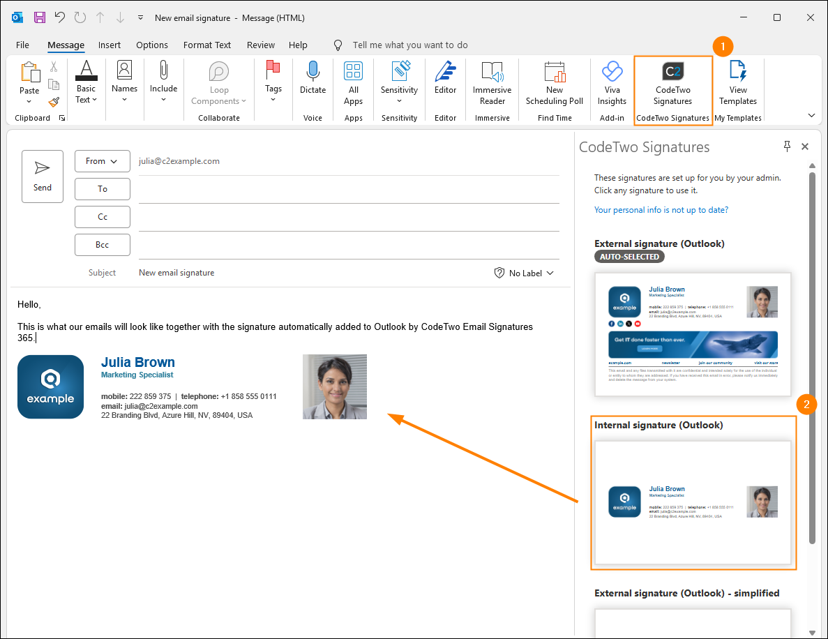 Inserting an email signature manually from the CodeTwo Signatures pane.