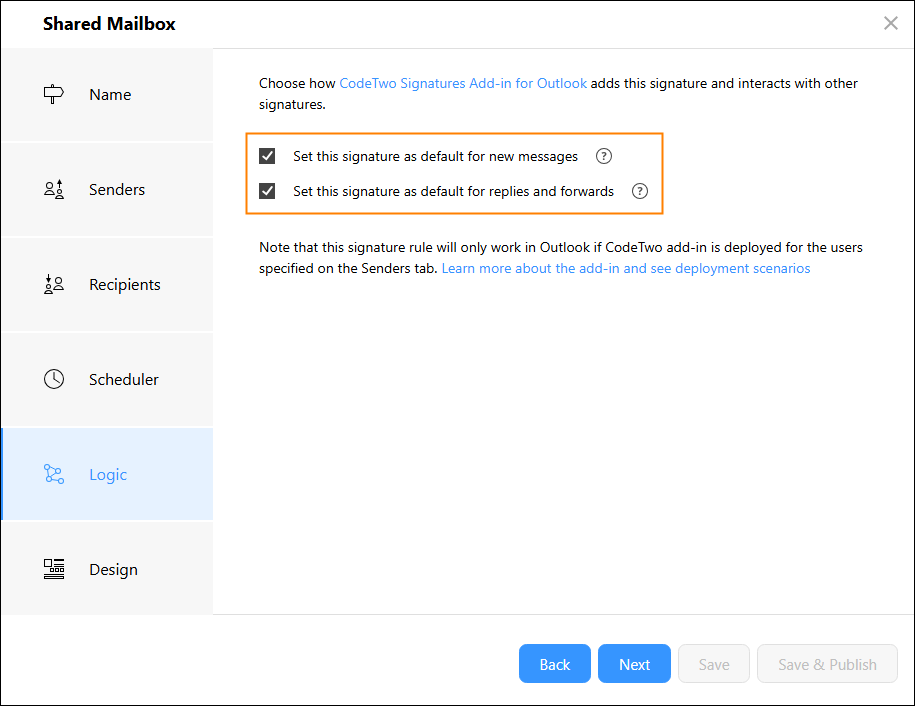 Ensure these options are selected so that the shared mailbox signature is added automatically.