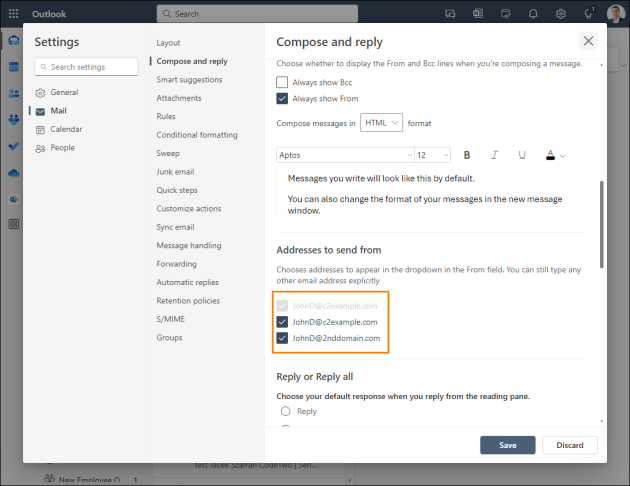 Choosing which addresses can be used in the From field in OWA.