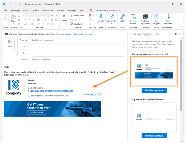 The signatures Web Add-in for Outlook automatically adds a client-side signature to the body of an email.