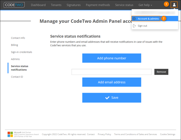 You can subscribe to service status notifications in CodeTwo Admin Panel.