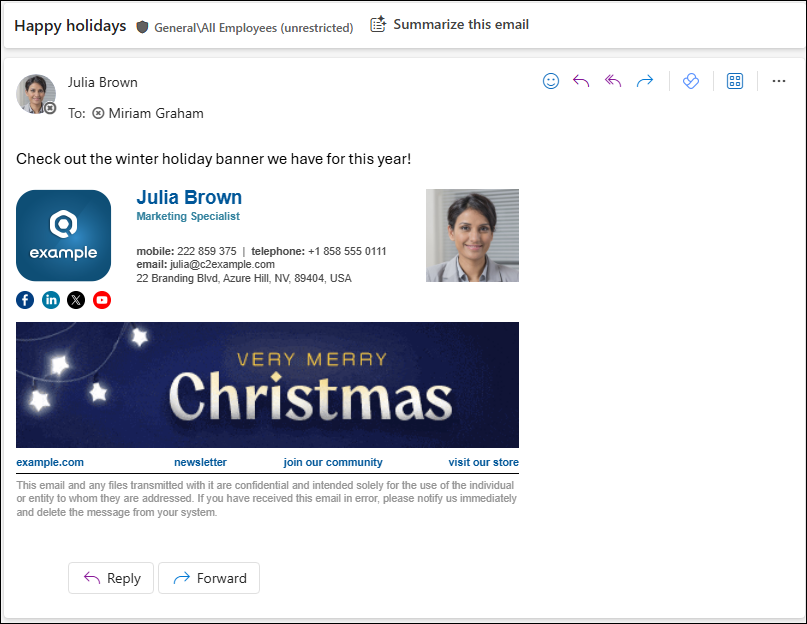A holiday-themed signature added to an email over the selected time period.