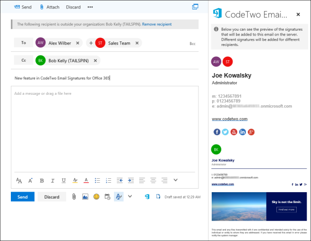 The preview pane with two signatures displayed (1 for internal and 1 for external recipients).