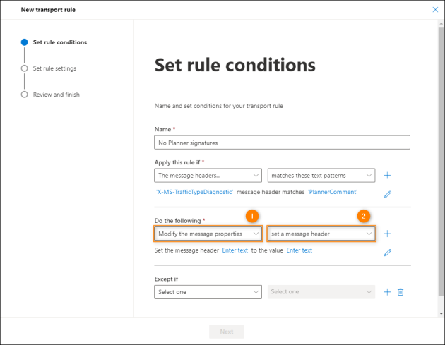 Adding the action to set the CodeTwo-specific header for each Planner message.