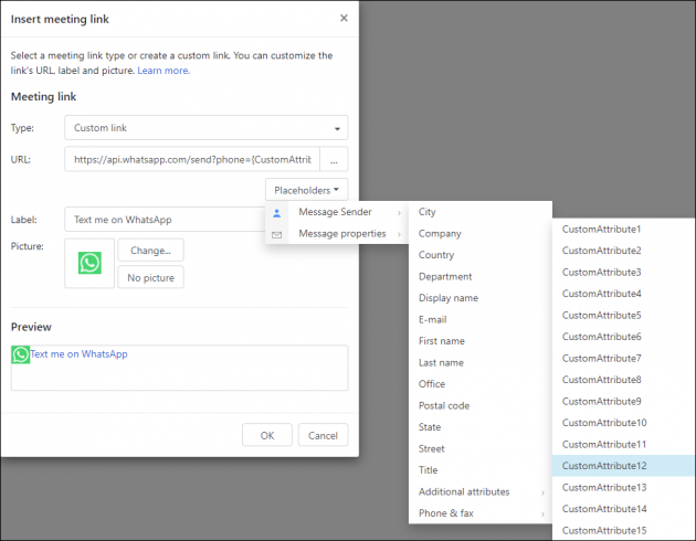 ESIG Whatsapp integration 3 Insert meeting link window