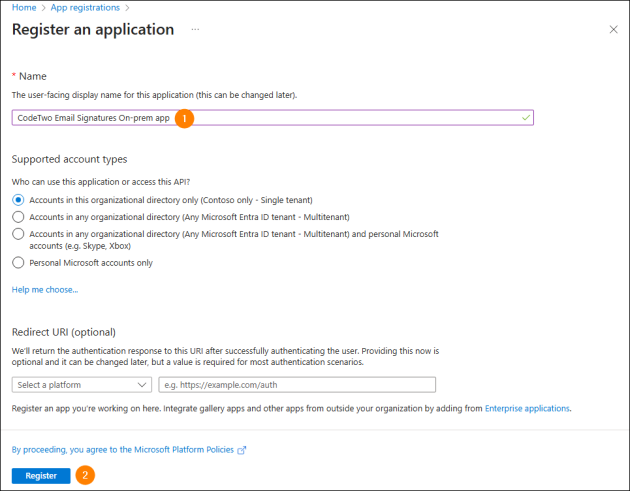 Registering the CodeTwo application with Entra ID.