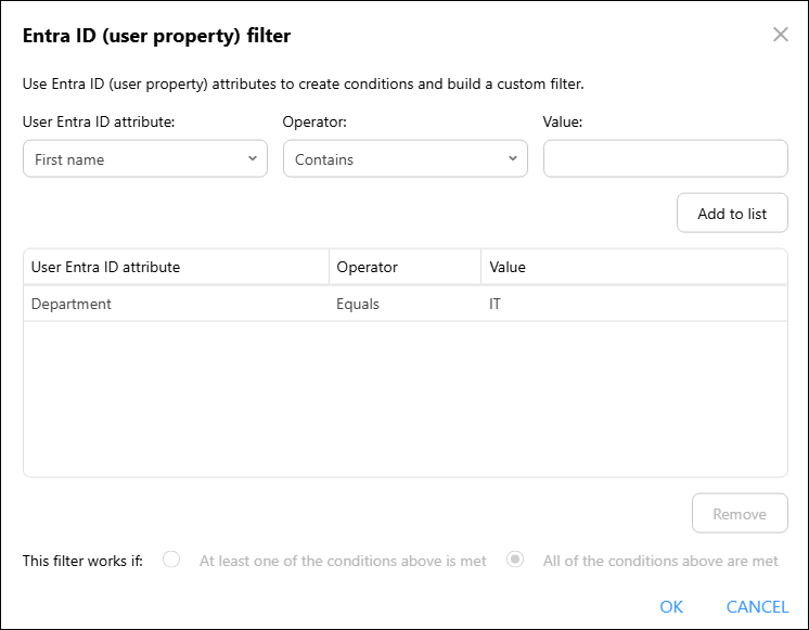 The Entra ID (user property) filter options.