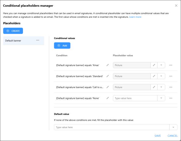 All values of the CodeTwo custom attribute included in the Conditional placeholders manager.