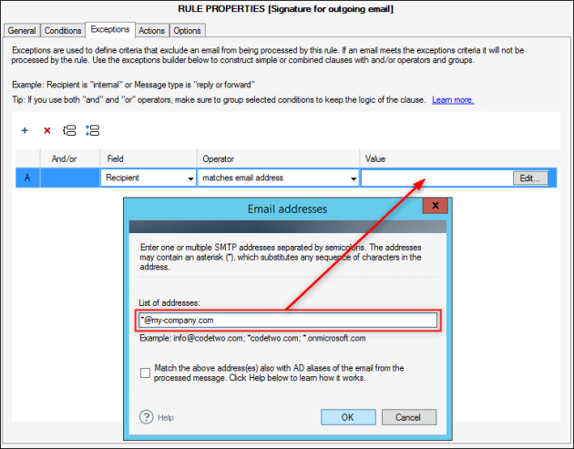 Adding an exception that applies only to external emails (excludes internal users from receiving emails).