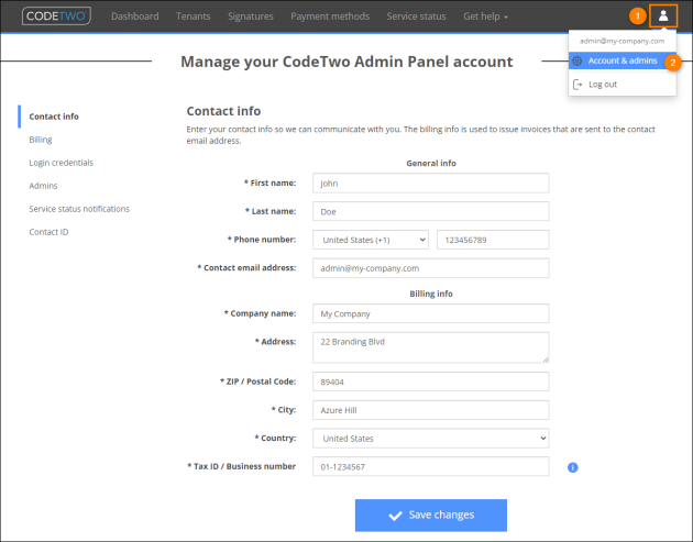 Admin Panel account management: editing contact information.