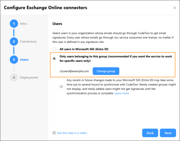 Selecting users whose emails should go through CodeTwo to get cloud email signatures.