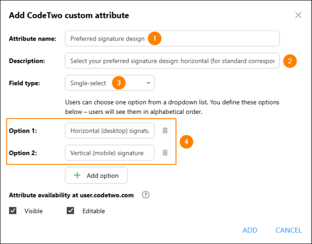 Configuring the custom attribute for selecting the preferred signature.