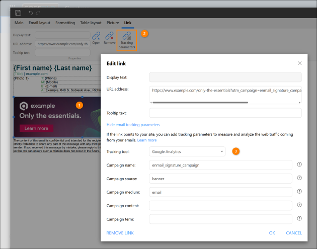Adding Google Analytics tracking parameters to a link used in the signature template.